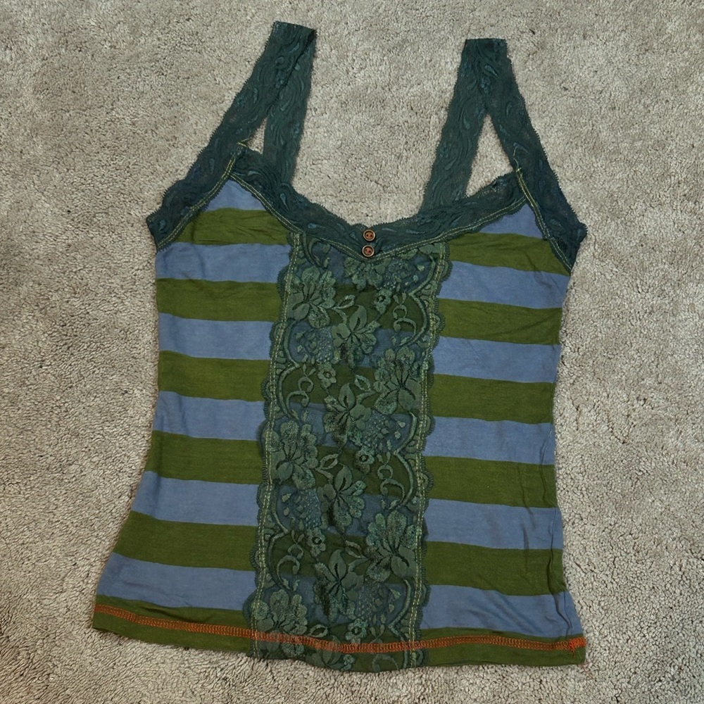 Rewind Green and Blue Striped Lace Tank Top